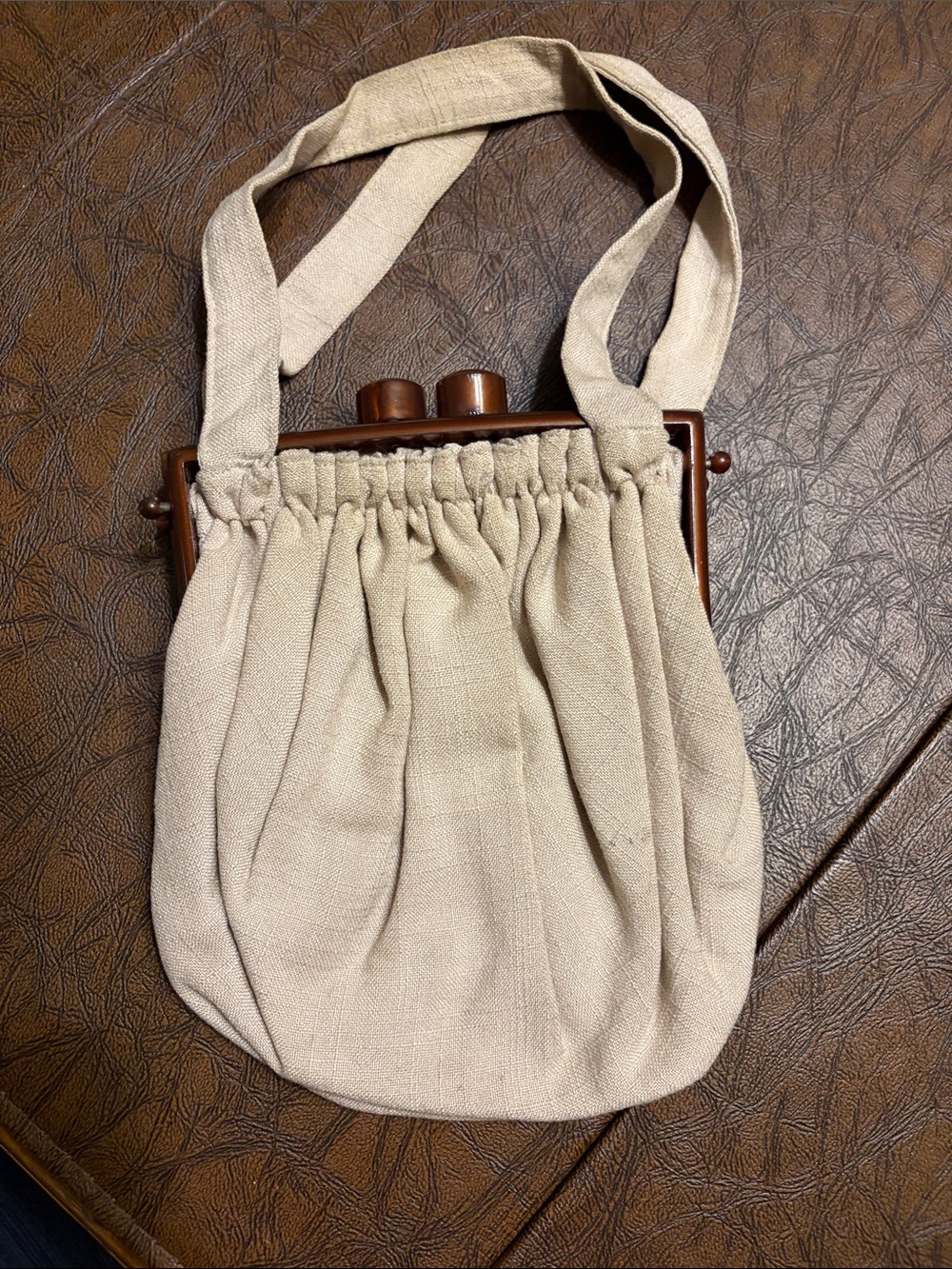 Vintage Handmade Beige Linen Bag with Lucite/ Plastic Frame
